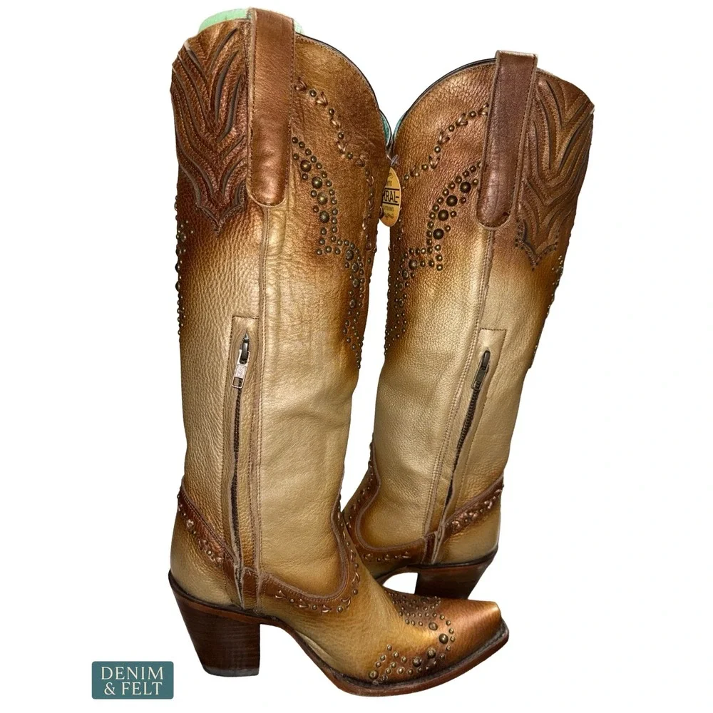 NEW Corral Metallic Bronze Studded Western Tall Cowboy‎ Boots Rodeo Glam 7.5M